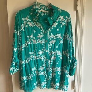 Soft Surroundings Isla Verde Top Floral Embroidered Linen Blend Teal Boho 3X
